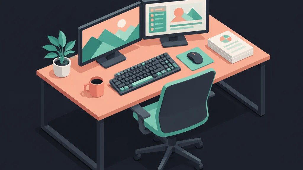 Isometric desk with monitors and papers for editorial work
