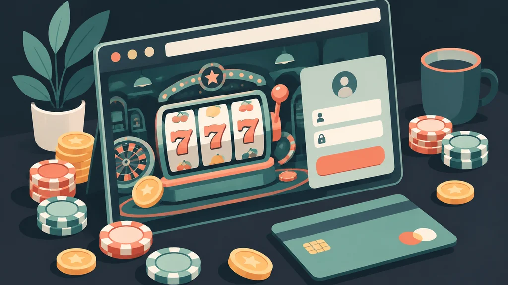 Isometric browser lobby with slots, login and payment card