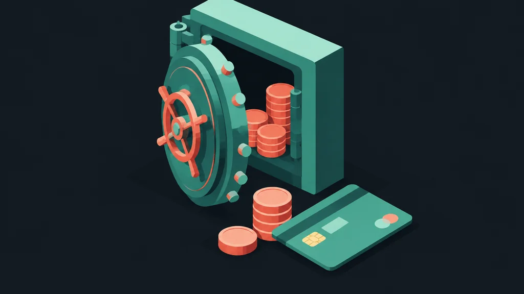 Isometric vault door with coins and debit card