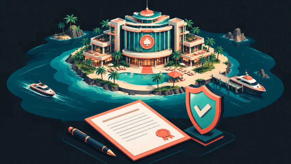 Isometric offshore casino building with document and shield
