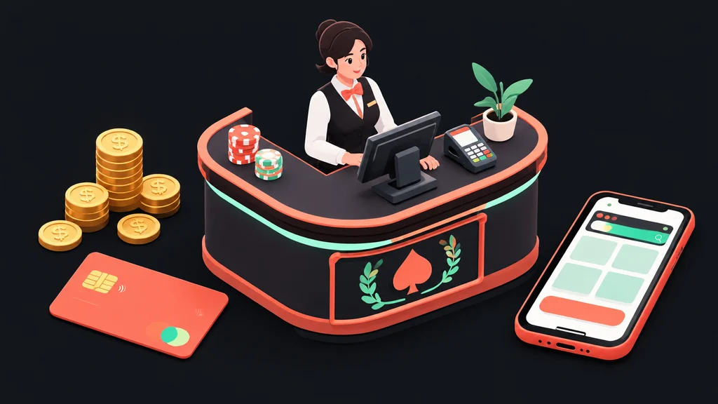 Isometric casino cashier desk with coins and card
